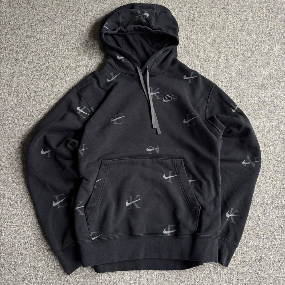 Nike Hoodie Mens M Sportswear Club Fleece Black All Over Print Swoosh Pullover